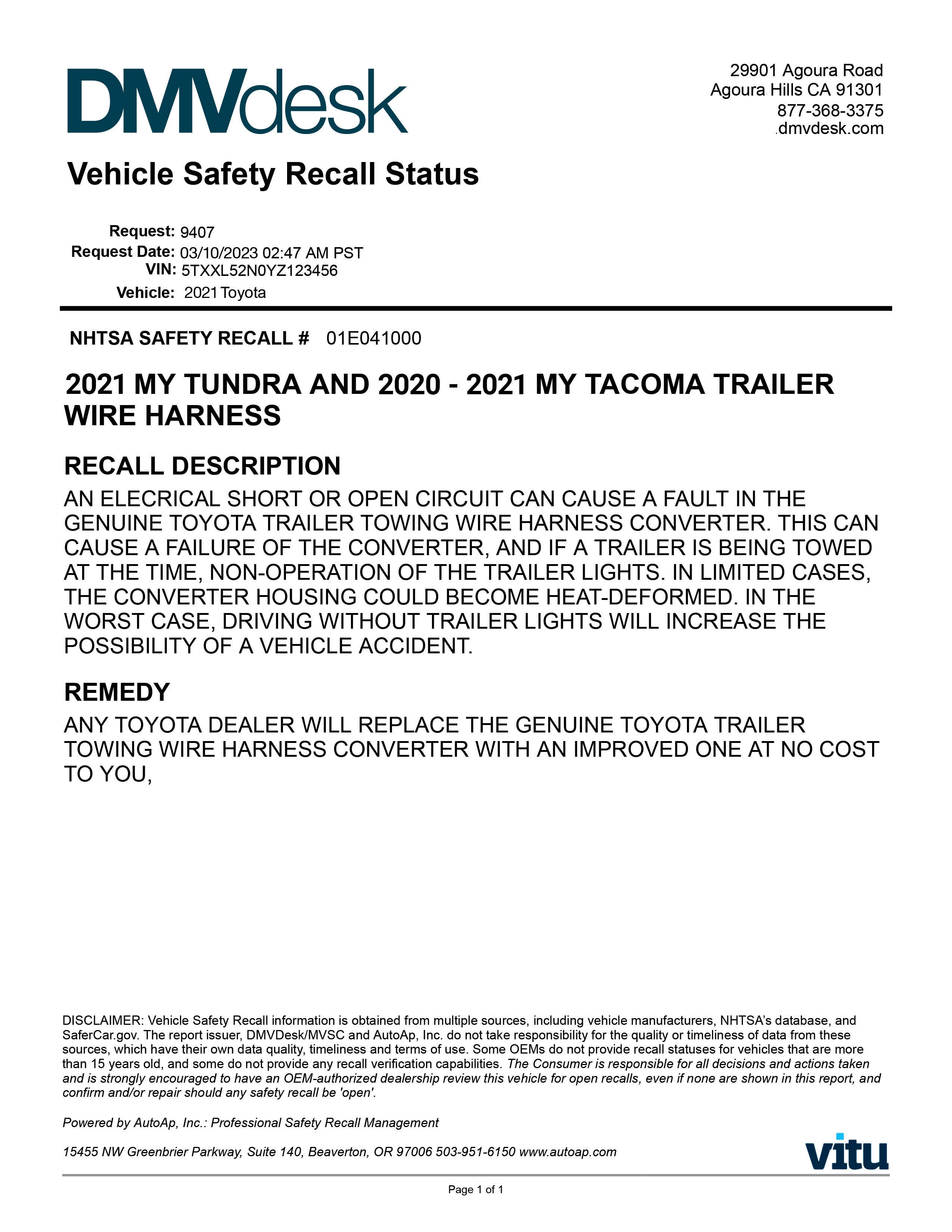 California Vehicle Safety Recall Status Report